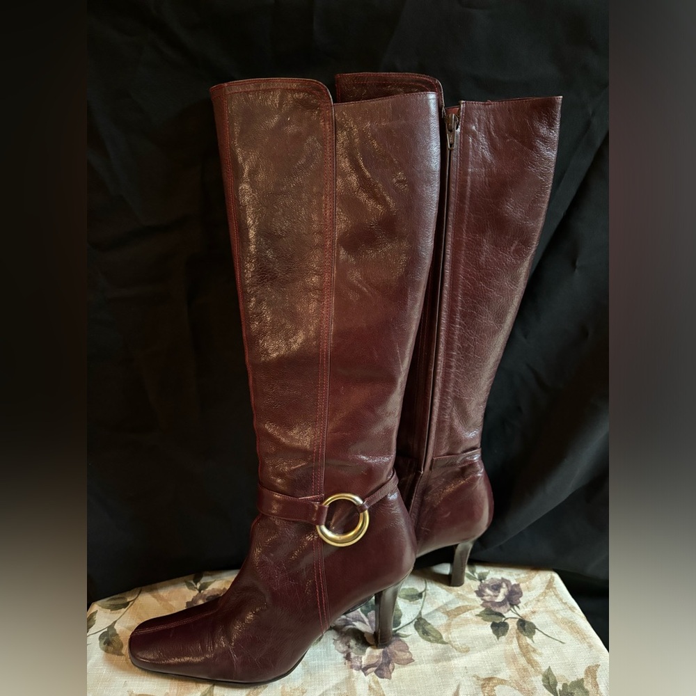 Vintage Charles Jourdan Italian Leather Burgundy Knee High Boots. Size 8M
